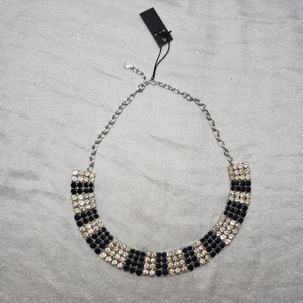BaubleBar Black and Clear Crystal Striped Bib Statement Necklace Silver Tone NWT